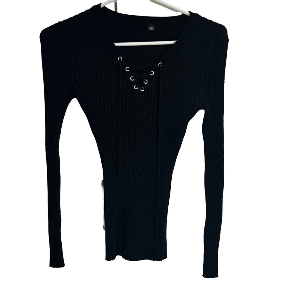 Black V-Neck Lace-Up Stretch Rib Sweater. Size S